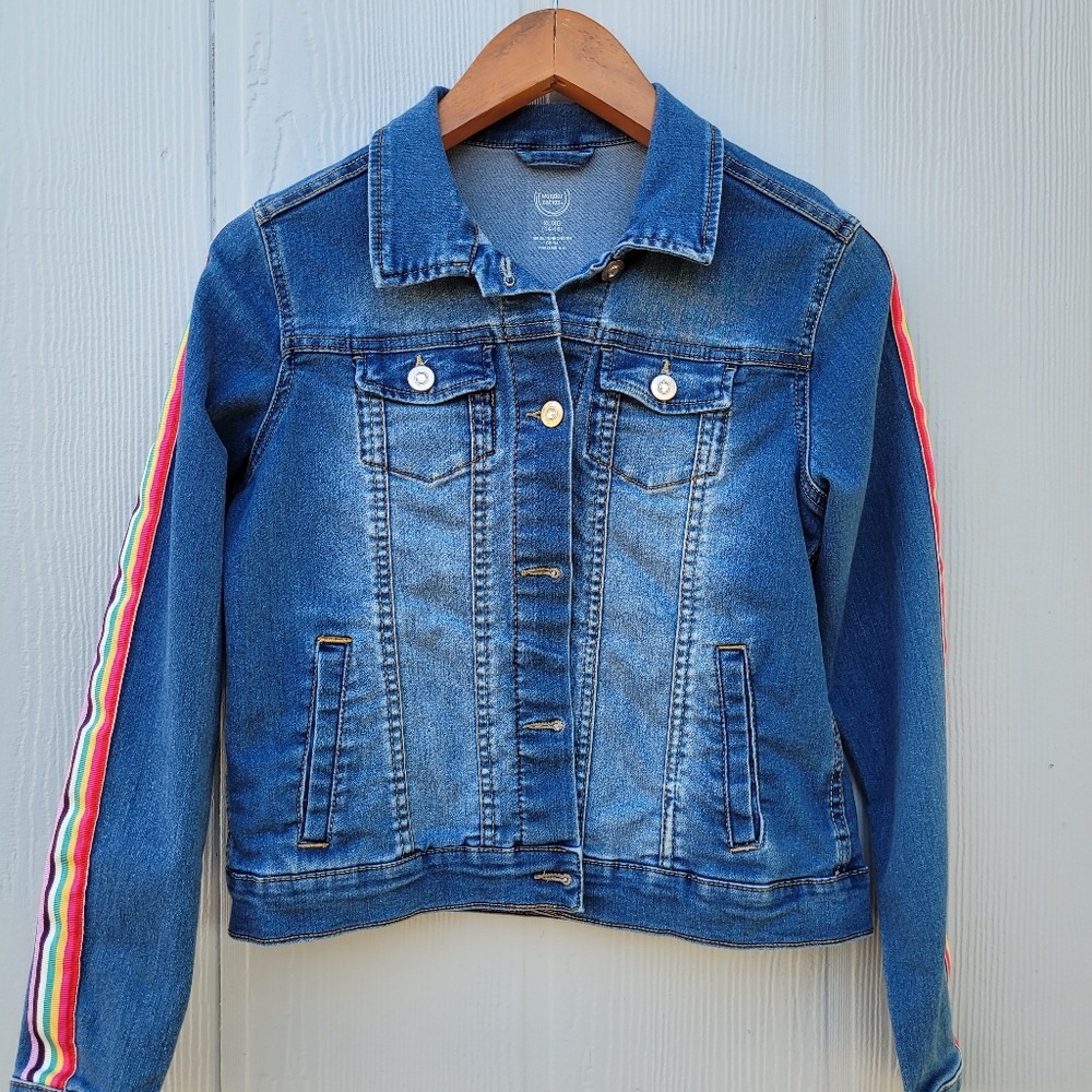 Wonder Nation Juniors Jean Jacket Size XL 14-16 Rainbow Ribbon